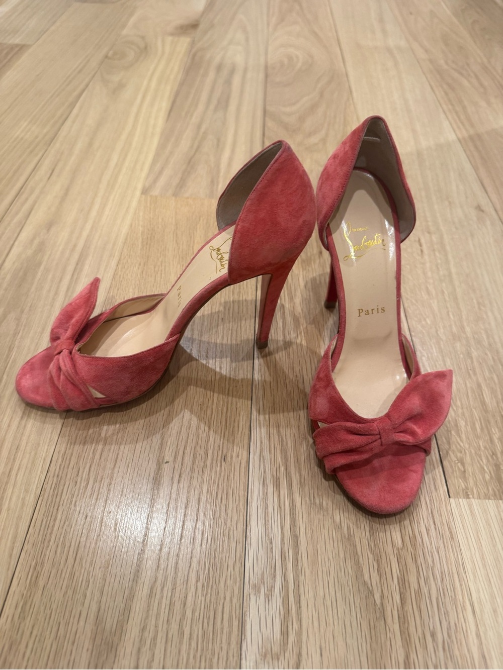 Christian Louboutin Coral Suede Bow Peep-Toe Stiletto Heels